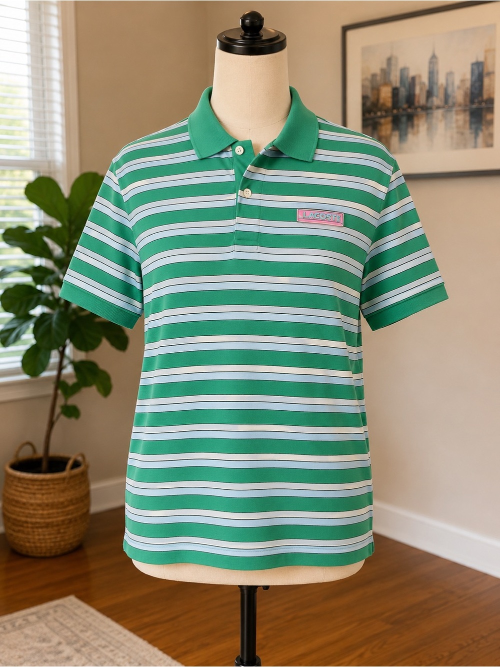 Lacoste Live! Green, White & Light Blue Striped Polo Pink Logo